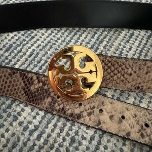 Tory Burch snakeskin belt with gold logo buckle.  Size S.